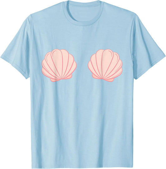 Mermaid Pink Seashell Bra Cartoon Outfit Costume Graphic T-Shirt - T-Shirt | Light Blue