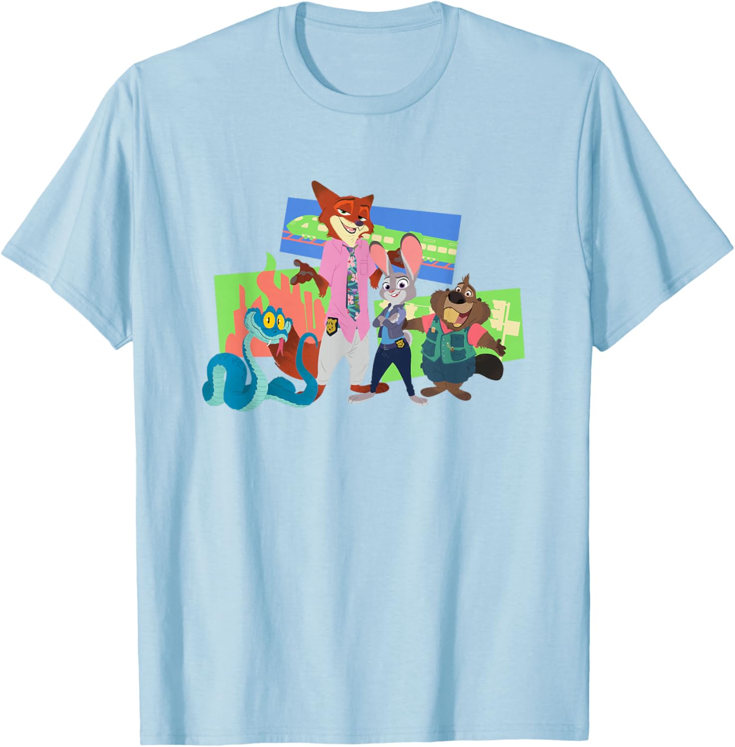 Disney Zootopia 2 Main Characters & Landmarks Group Shot T-Shirt - T-Shirt | Light Blue