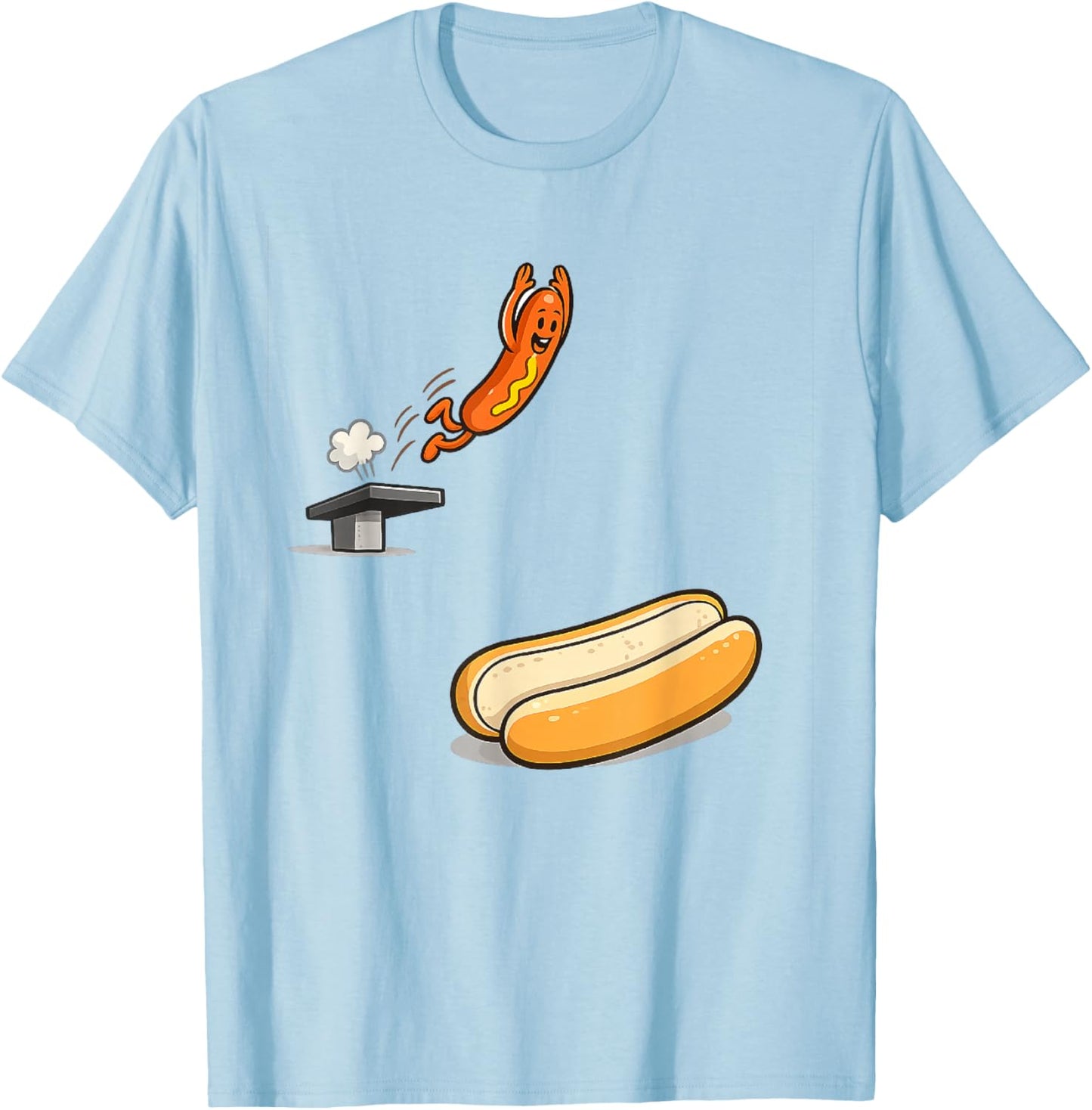 Funny Hot Dog Diving Into Bun Cartoon Food Humor T-Shirt - T-Shirt | Light Blue