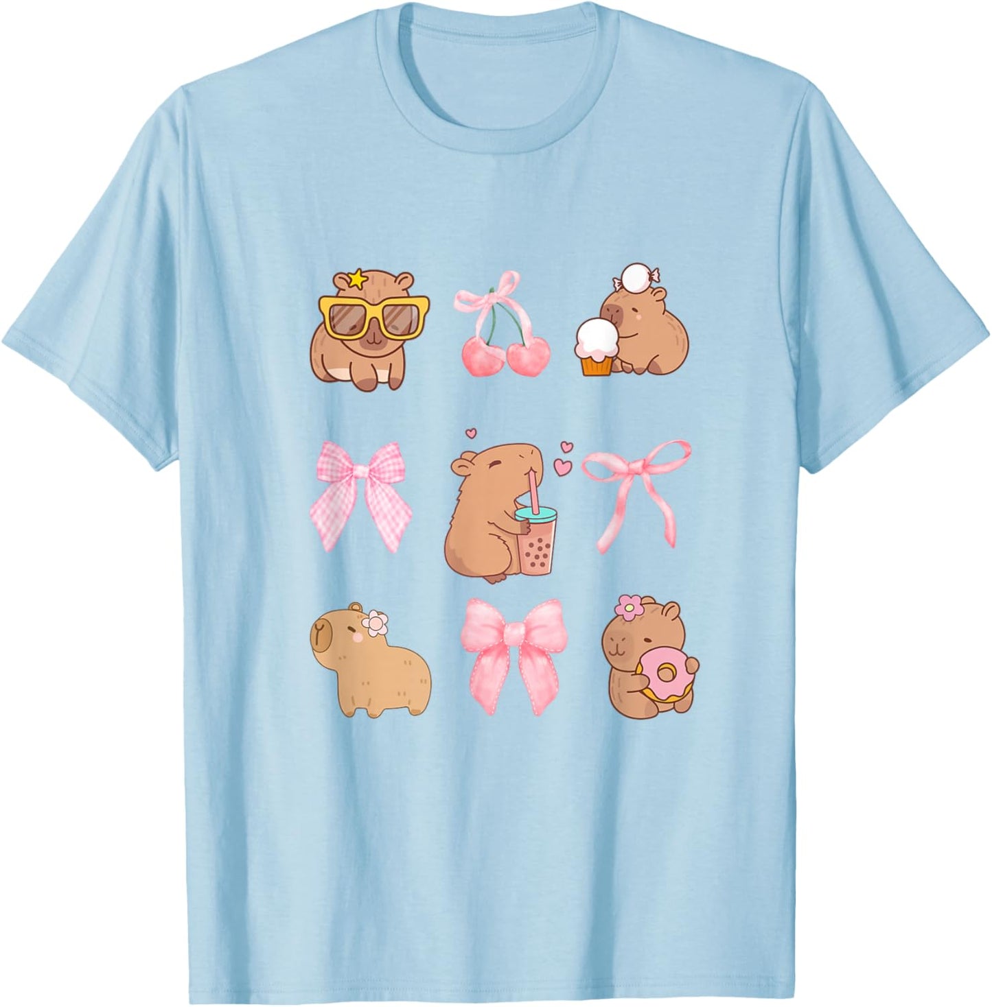 Cute Coquette Bow Capybara Pajamas Pjs Clothes Girls T-Shirt - T-Shirt | Light Blue