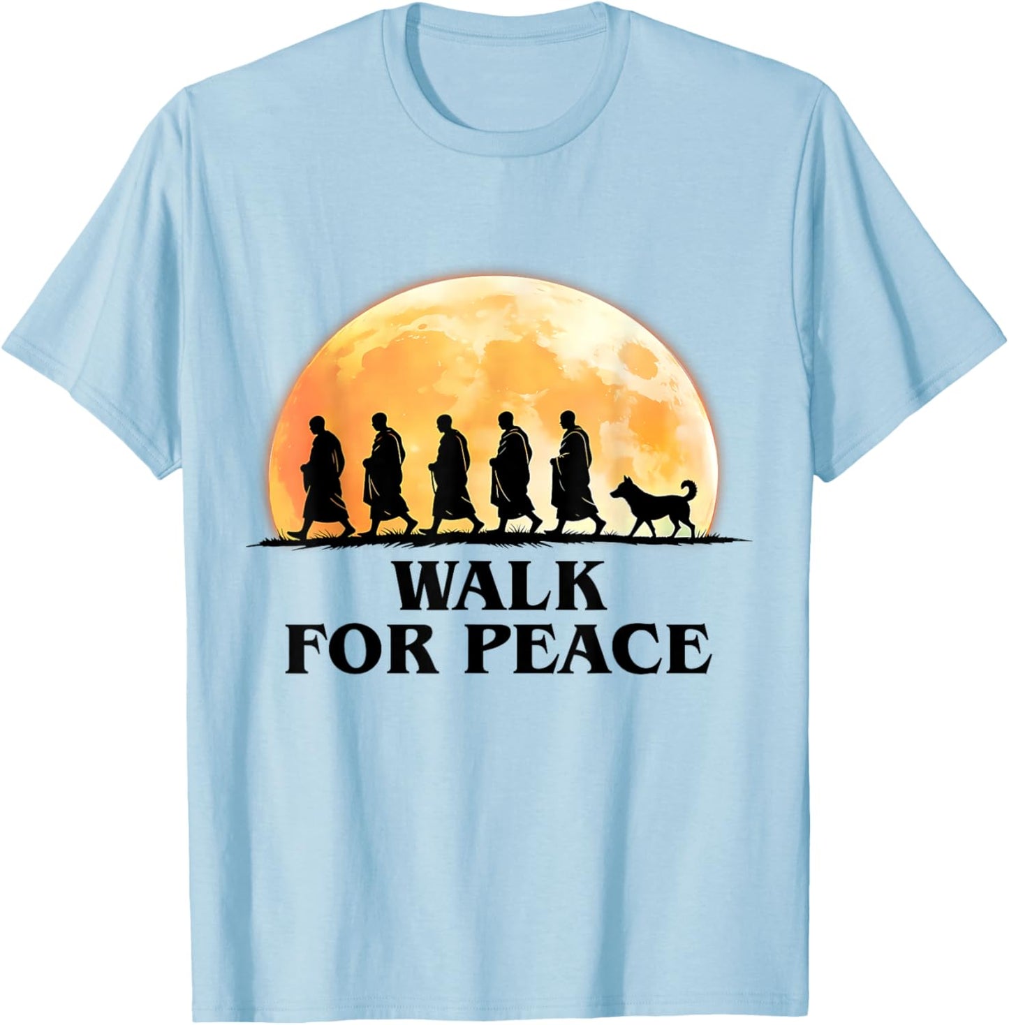Retro Peace Walking Monks & Dog Minimalist Zen Art Graphic T-Shirt - T-Shirt | Light Blue