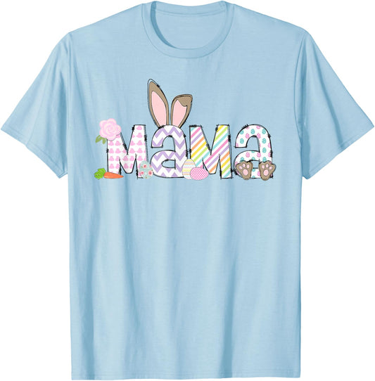 Mama Funny Bunny Rabbit Mom Happy Easter Day Trendy Retro T-Shirt - T-Shirt | Light Blue