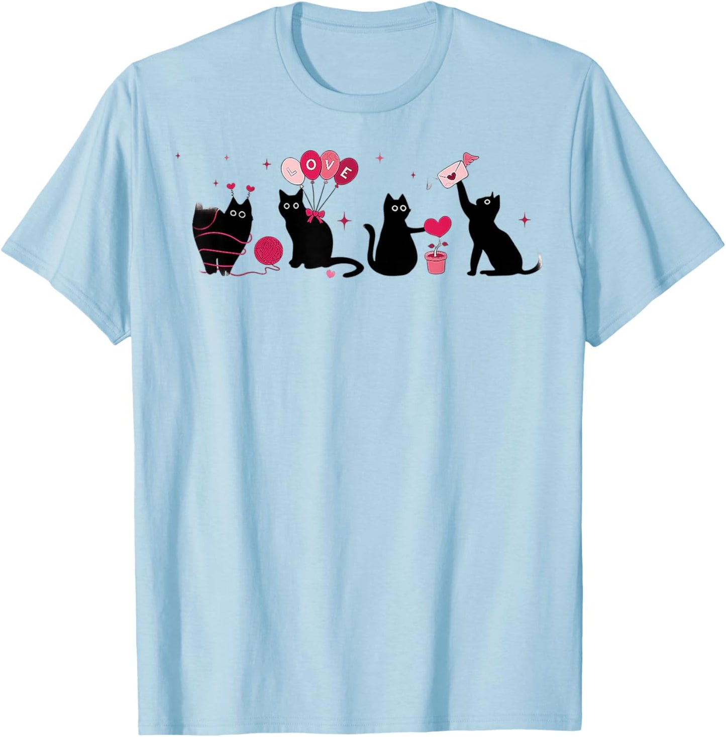 Retro Black Cat Playing Heart Valentines Day Cat Kitty Lover T-Shirt - T-Shirt | Light Blue