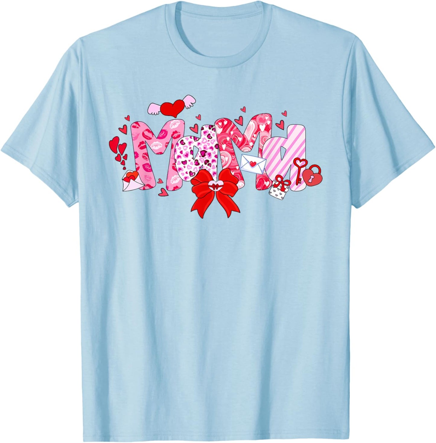 Valentine Mama Heart Mom Valentines Day Coquette Bow T-Shirt - T-Shirt | Light Blue