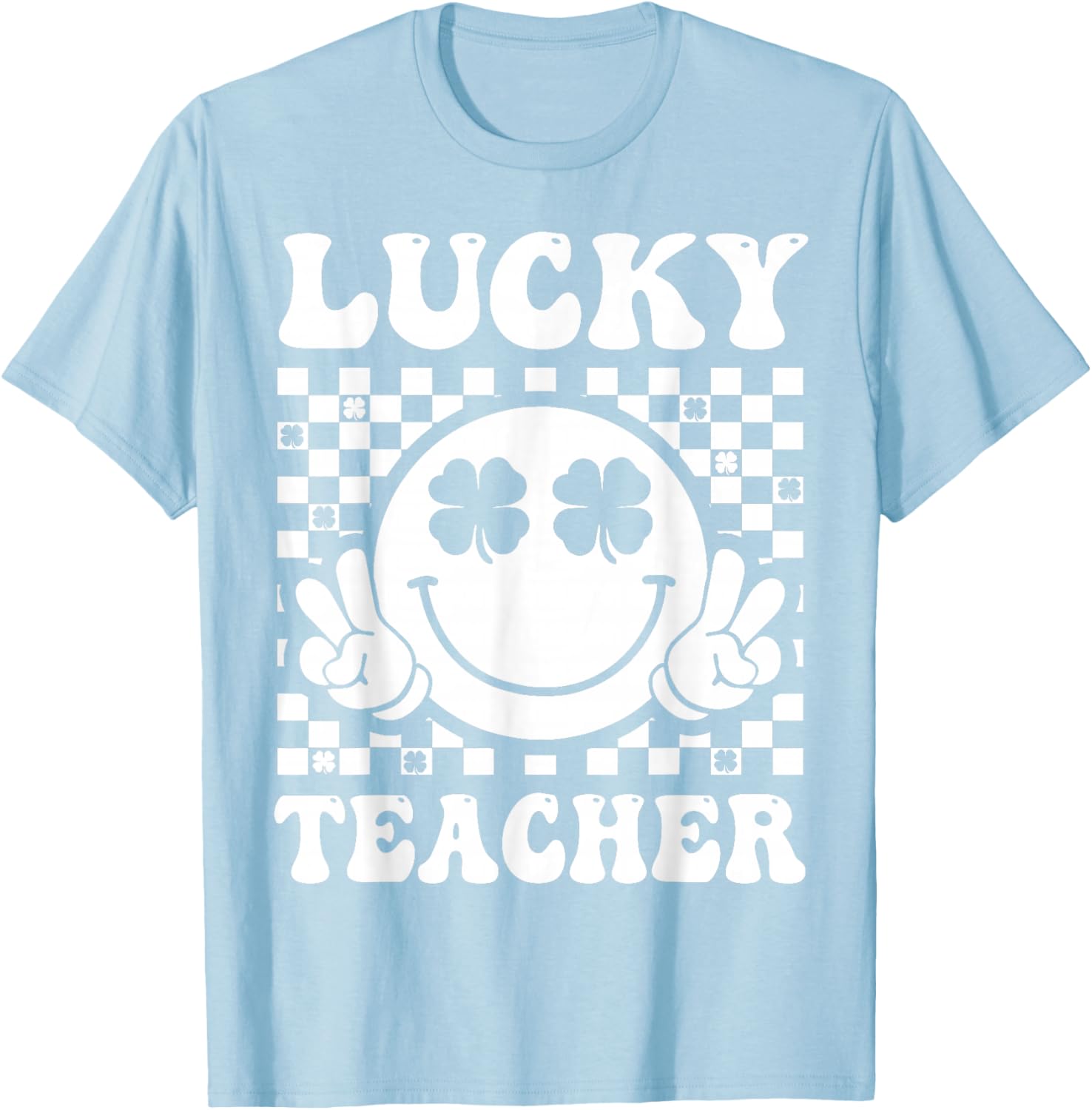 Lucky Teacher Retro Smile Face Shamrock St Patricks Day T-Shirt - T-Shirt | Light Blue