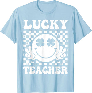 Lucky Teacher Retro Smile Face Shamrock St Patricks Day T-Shirt - T-Shirt | Light Blue