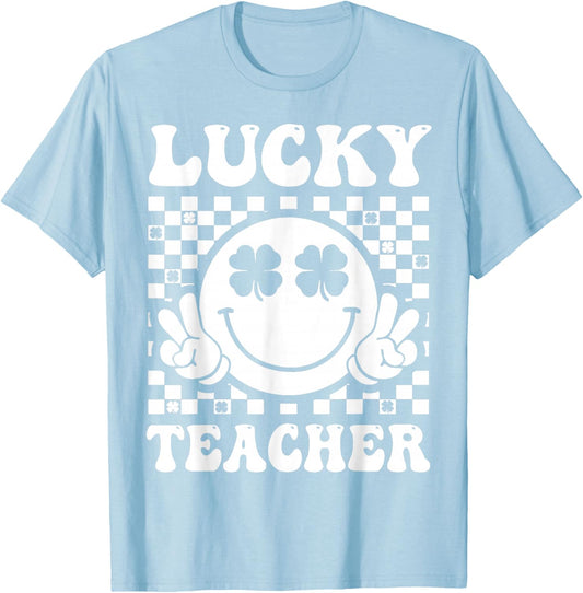 Lucky Teacher Retro Smile Face Shamrock St Patricks Day T-Shirt - T-Shirt | Light Blue