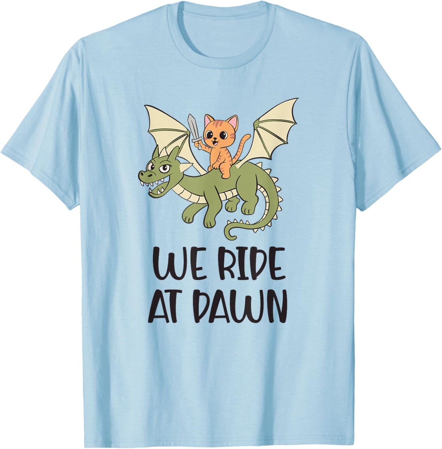 We Ride at Dawn Cute Cat and Dragon Fantasy Art T-Shirt - T-Shirt | Light Blue