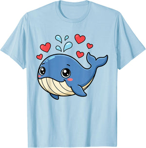 Cute Whale Valentines Whale Watching Hearts Cartoon Boy Girl T-Shirt - T-Shirt | Light Blue