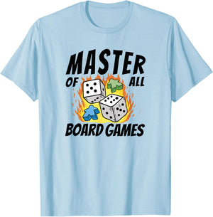 Master All Board Games Dice and Meeple Fire Graphic T-Shirt - T-Shirt | Light Blue