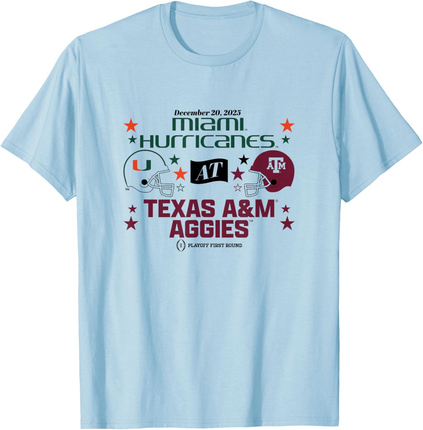 Texas A&M & Miami: 2025 CFP First Round Matchup T-Shirt - T-Shirt | Light Blue