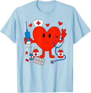 Valentines Day Nurse Heart Nursing Scrub Top Girls Women T-Shirt - T-Shirt | Light Blue