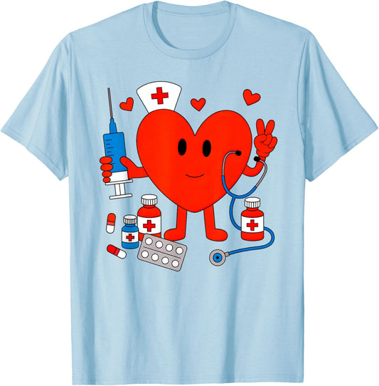 Valentines Day Nurse Heart Nursing Scrub Top Girls Women T-Shirt - T-Shirt | Light Blue