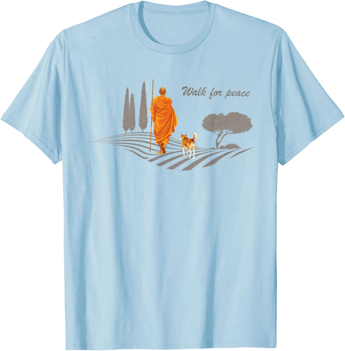 Retro Peace Walking Monks & Dog Minimalist Zen Art T-Shirt - T-Shirt | Light Blue