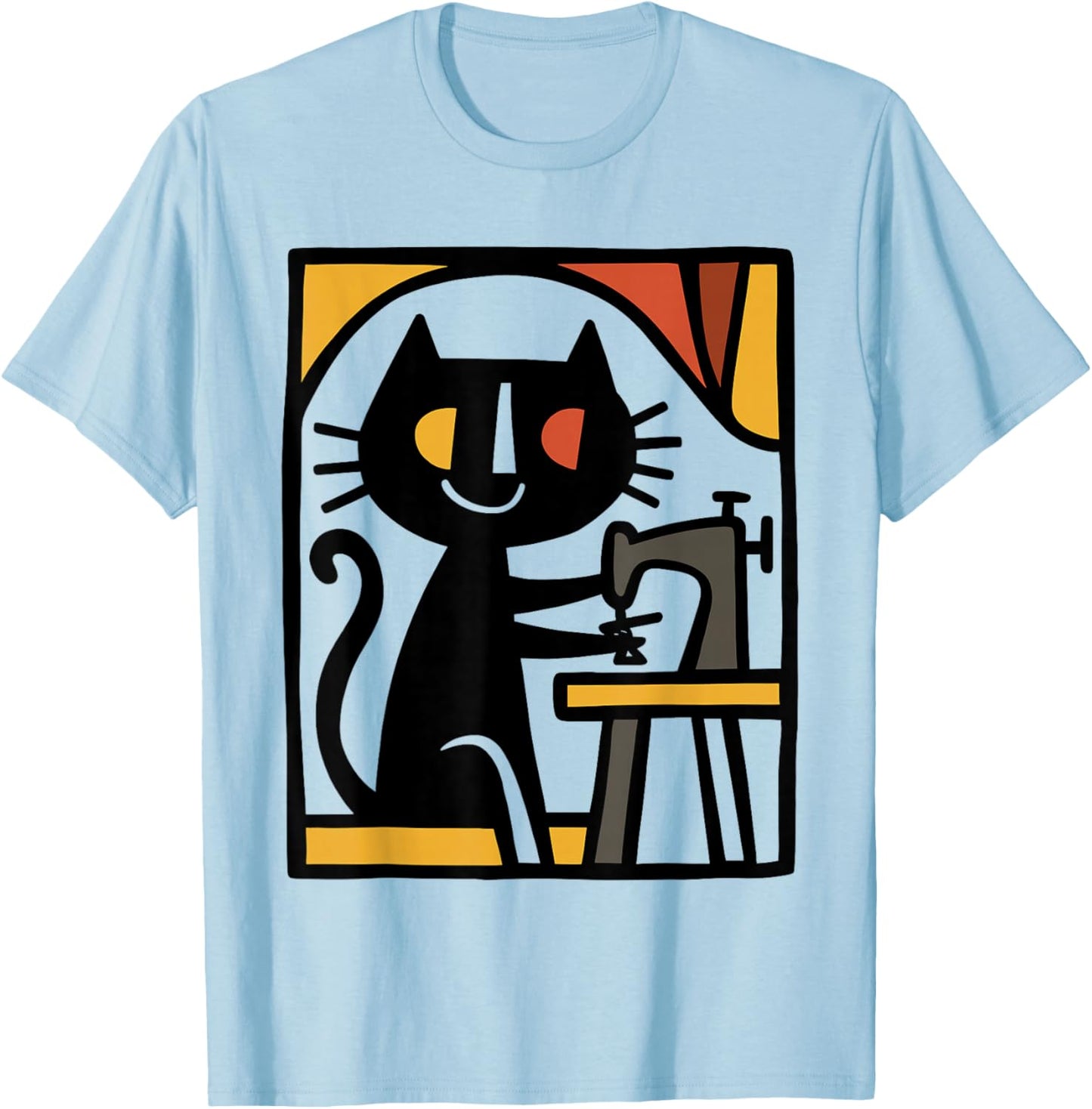 Black Cat Sewing Illustration Cute Cat at Sewing Machine Art T-Shirt - T-Shirt | Light Blue
