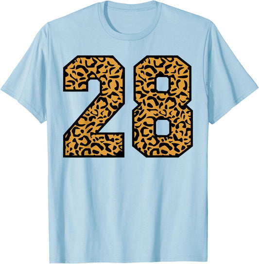 28 Number Leopard Twenty-Eight Team Sports Varsity Matching T-Shirt - T-Shirt | Light Blue