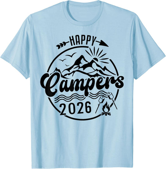 Happy Campers 2026, Friends Camping Adventures in Outdoors T-Shirt - T-Shirt | Light Blue