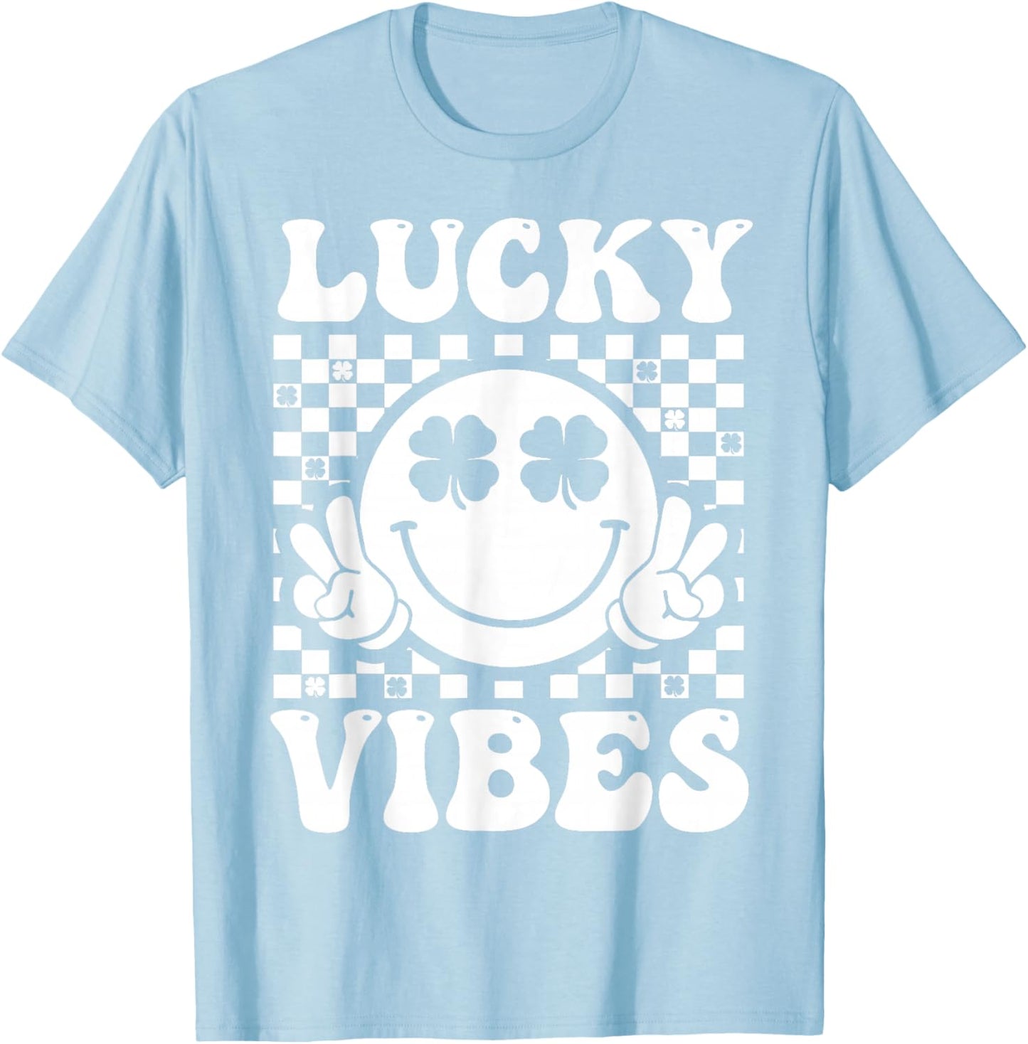 Lucky Vibes Retro Smile Face Irish Shamrock St Patricks Day T-Shirt - T-Shirt | Light Blue
