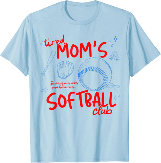Tired Mom's Softball Club Softball Mom Retro Game Day T-Shirt - T-Shirt | Light Blue