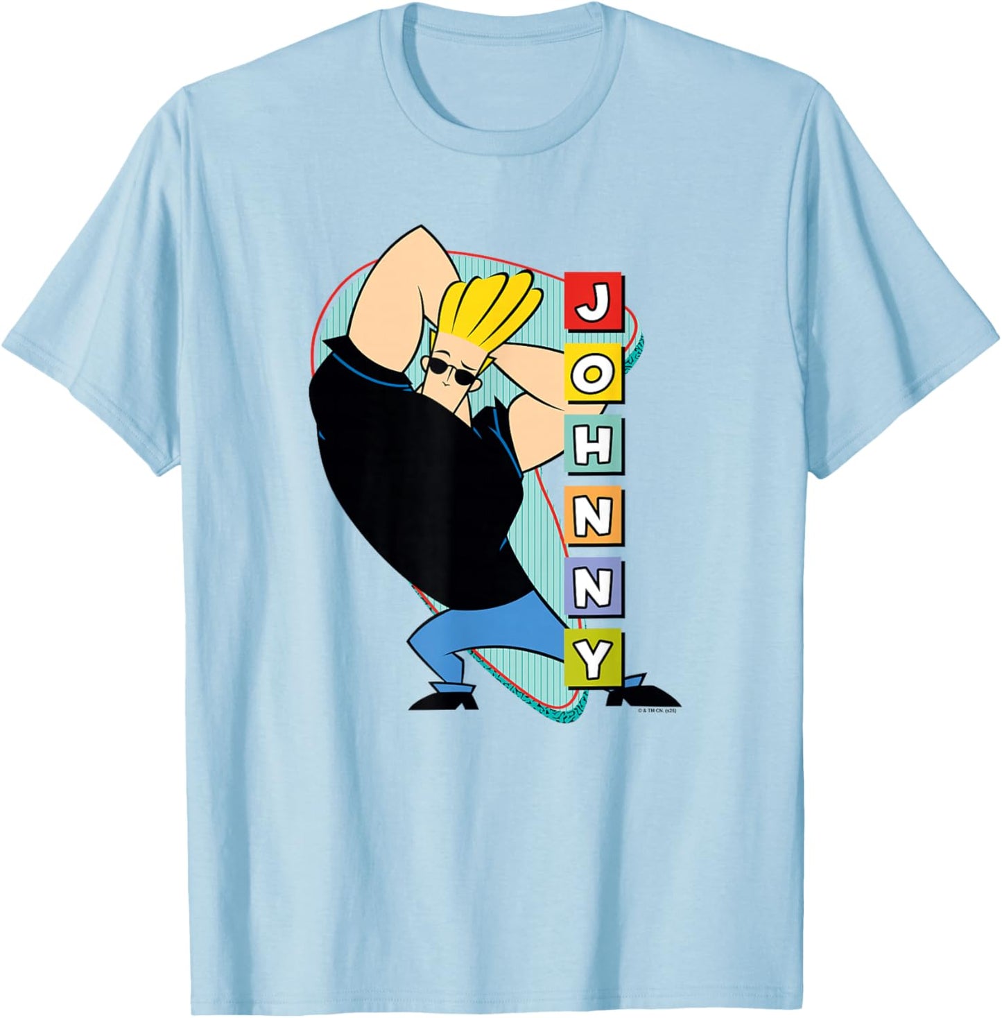 Retro Stacked Lettering Muscle Pose Cartoon T-Shirt - T-Shirt | Light Blue