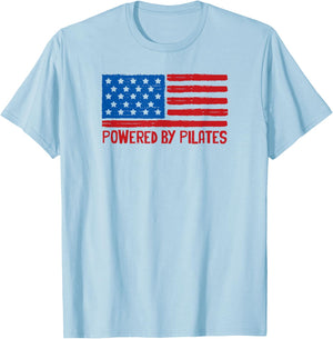 Patriotic American Powered by Pilates Flag 4th of July USA T-Shirt - T-Shirt | Light Blue