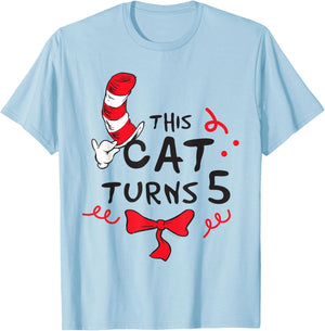 Dr. Seuss Cat in The Hat 5 Birthday Officially Licensed T-Shirt - T-Shirt | Light Blue