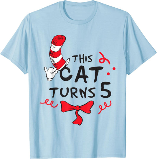 Dr. Seuss Cat in The Hat 5 Birthday Officially Licensed T-Shirt - T-Shirt | Light Blue