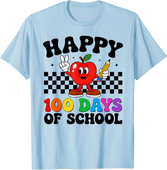 Happy 100 Days of School Retro Groovy 100th Day Teacher Kids T-Shirt - T-Shirt | Light Blue