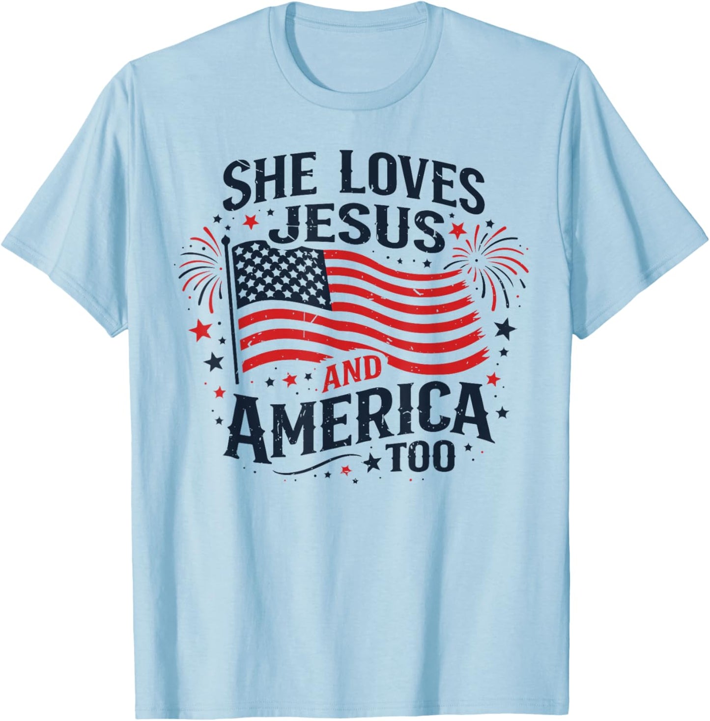 Patriotic Girl She Loves Jesus and America Too American Flag T-Shirt - T-Shirt | Light Blue
