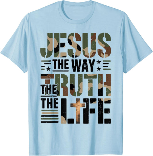 Christian Camouflage Jesus Way Truth Life Camo Bible Verse T-Shirt - T-Shirt | Light Blue