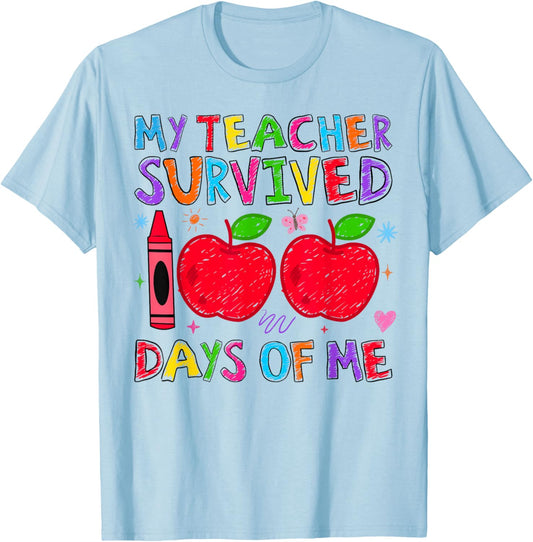 My Teacher Survived 100 Days of Me Retro Funny Students Kids T-Shirt - T-Shirt | Light Blue