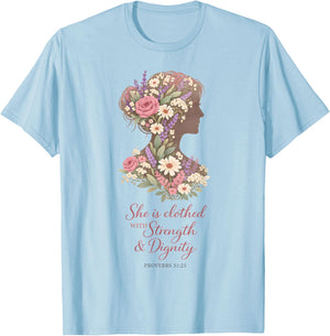 Flower Christian Woman Proverbs 31 25 Botanical Floral Faith T-Shirt - T-Shirt | Light Blue