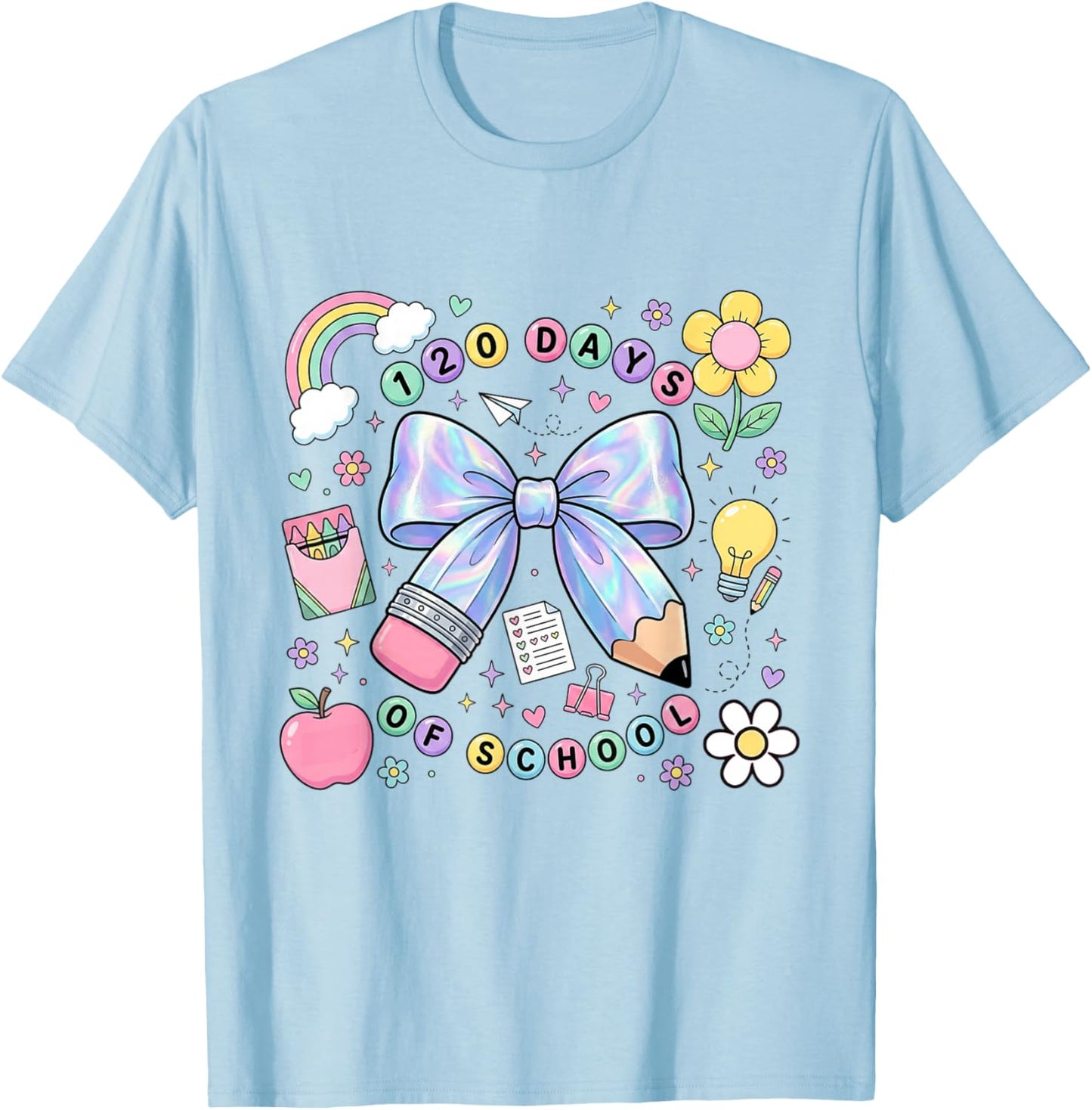 Happy 120 Days of School Bow Pencil T-Shirt - T-Shirt | Light Blue