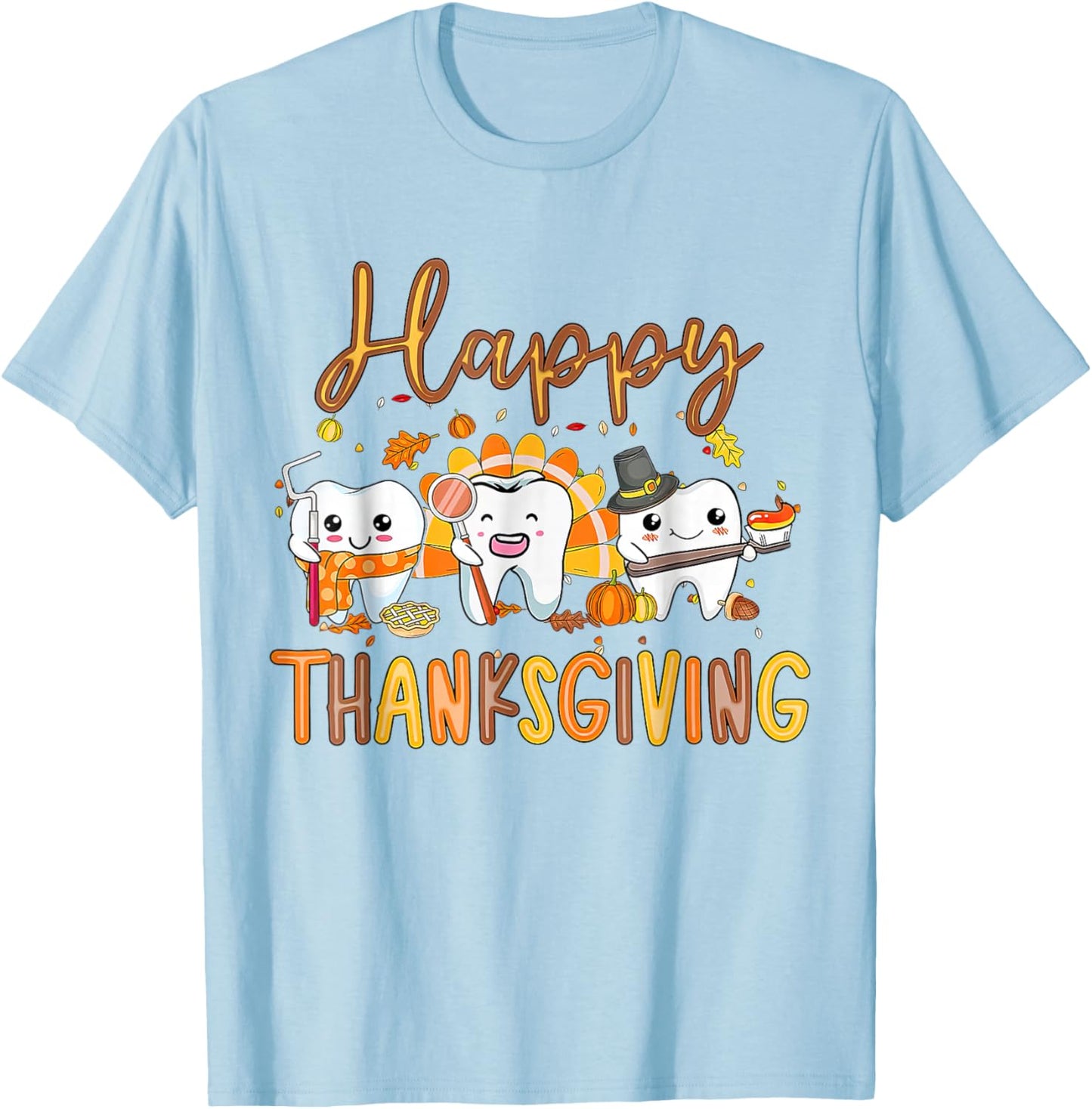 Funny Happy Thanksgiving Teeth Dental Squad Turkey Retro T-Shirt - T-Shirt | Light Blue