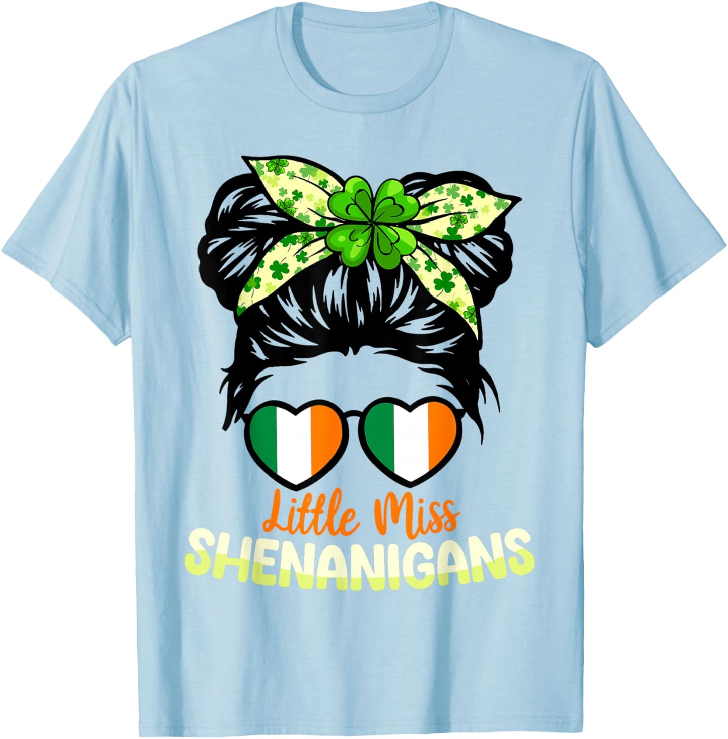 Miss Shenanigans Messy Bun Ireland Shamrock St Patrick Girl T-Shirt - T-Shirt | Light Blue