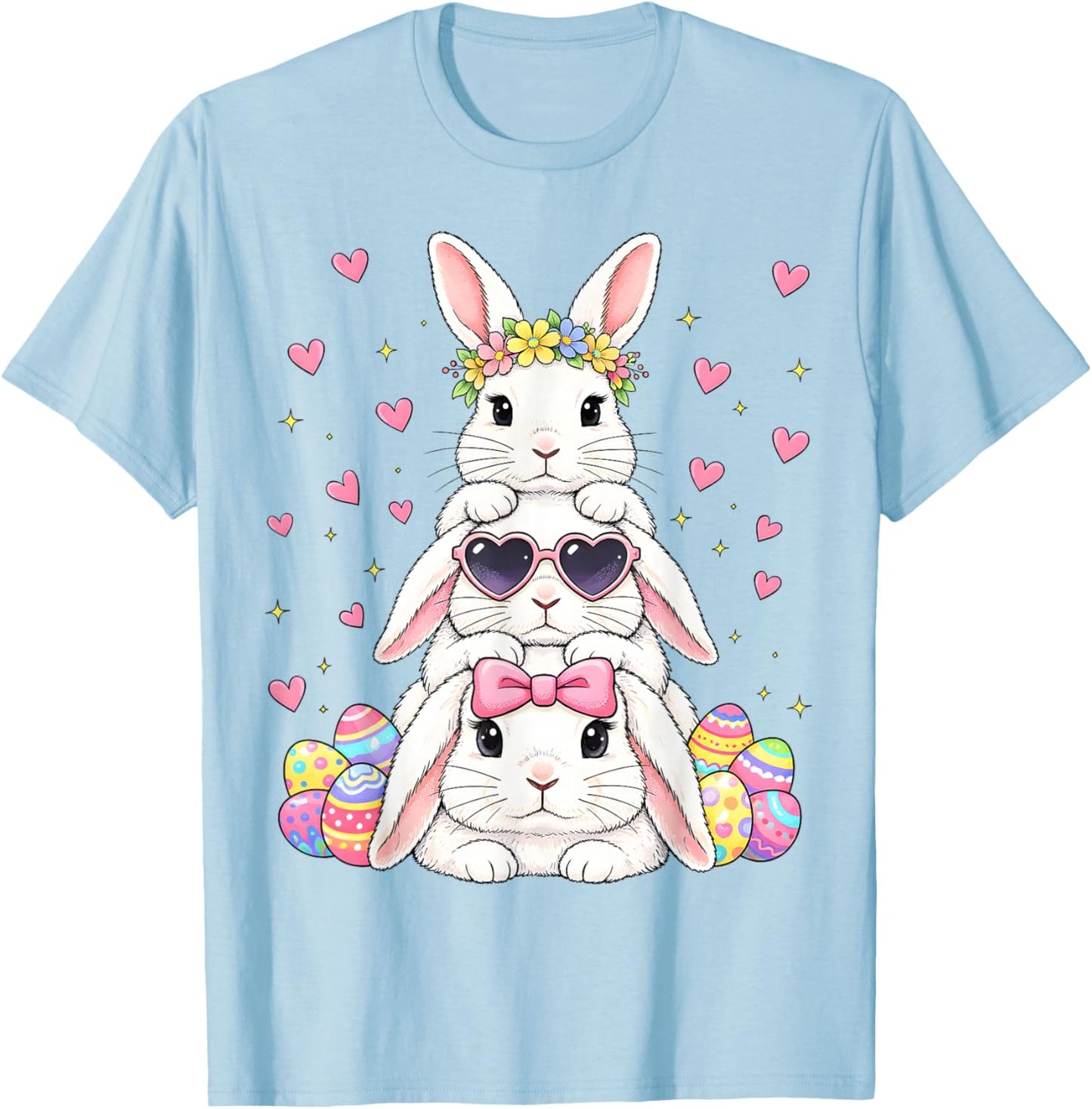 Cute Happy Easter Bunny Stack Floral Easter Eggs Girl Kids T-Shirt - T-Shirt | Light Blue