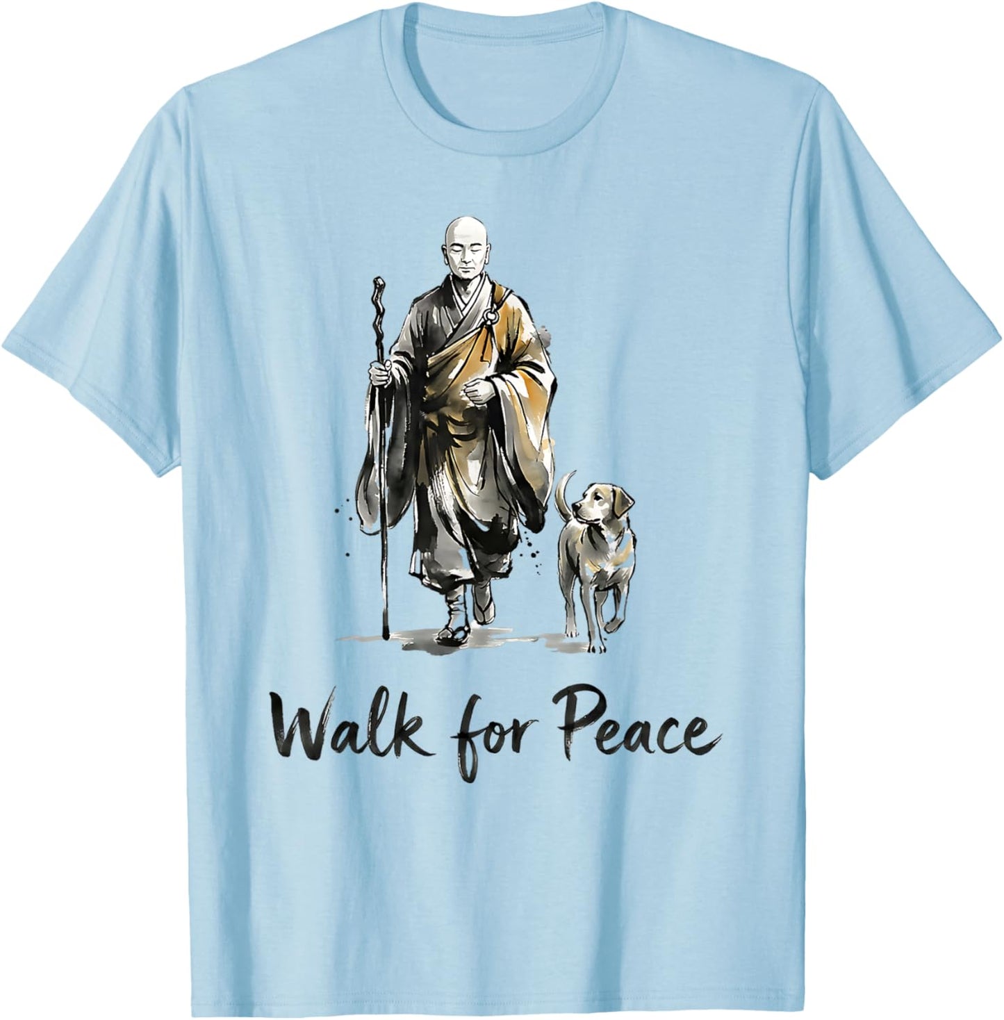 Minimalist Zen Art Walk for Peace Monks with Aloka Dog T-Shirt - T-Shirt | Light Blue