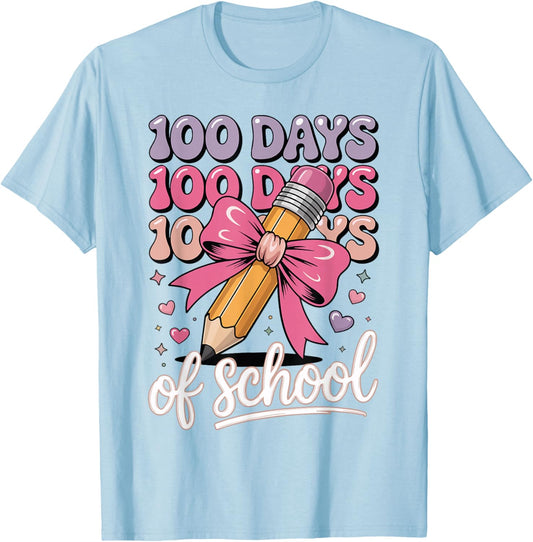 100 Days of School Girls Coquette Bow 100th Day of School T-Shirt - T-Shirt | Light Blue