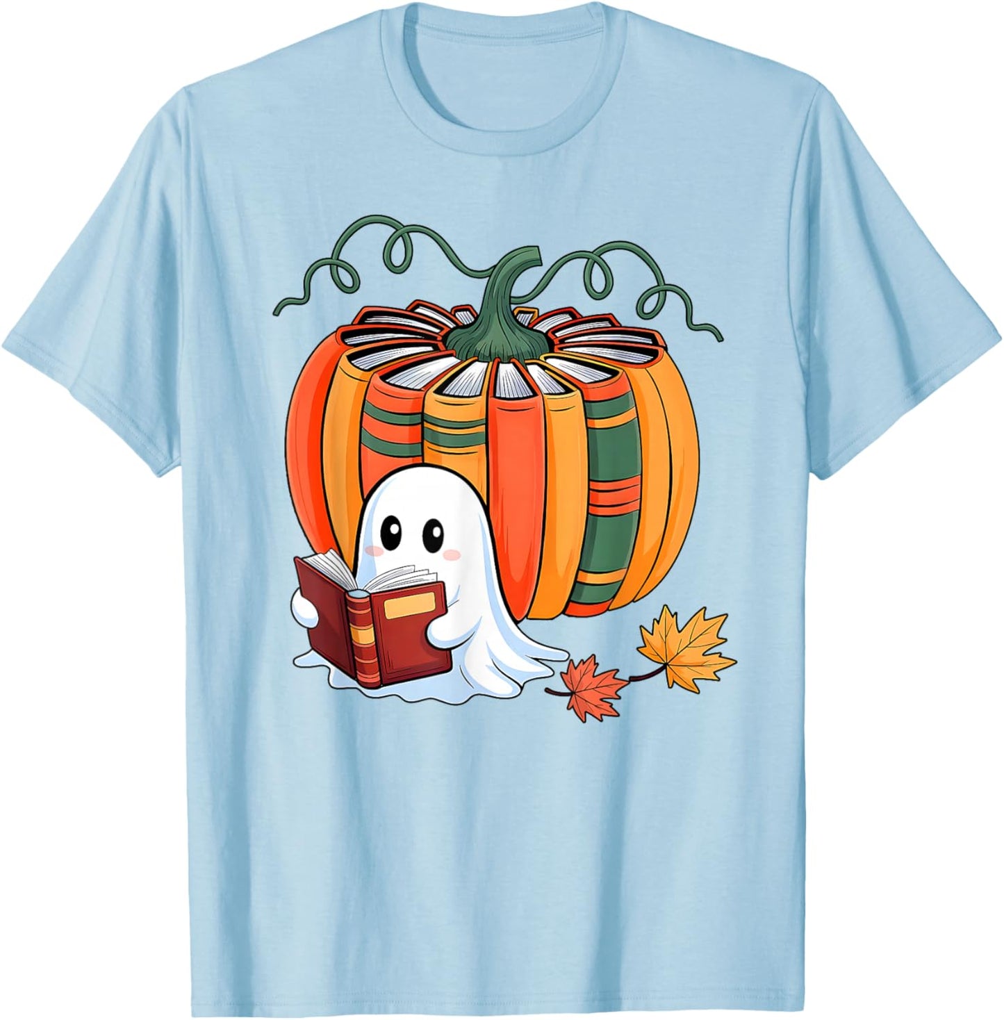 Fall Book Pumpkin Books Ghost Reading Halloween Teacher T-Shirt - T-Shirt | Light Blue