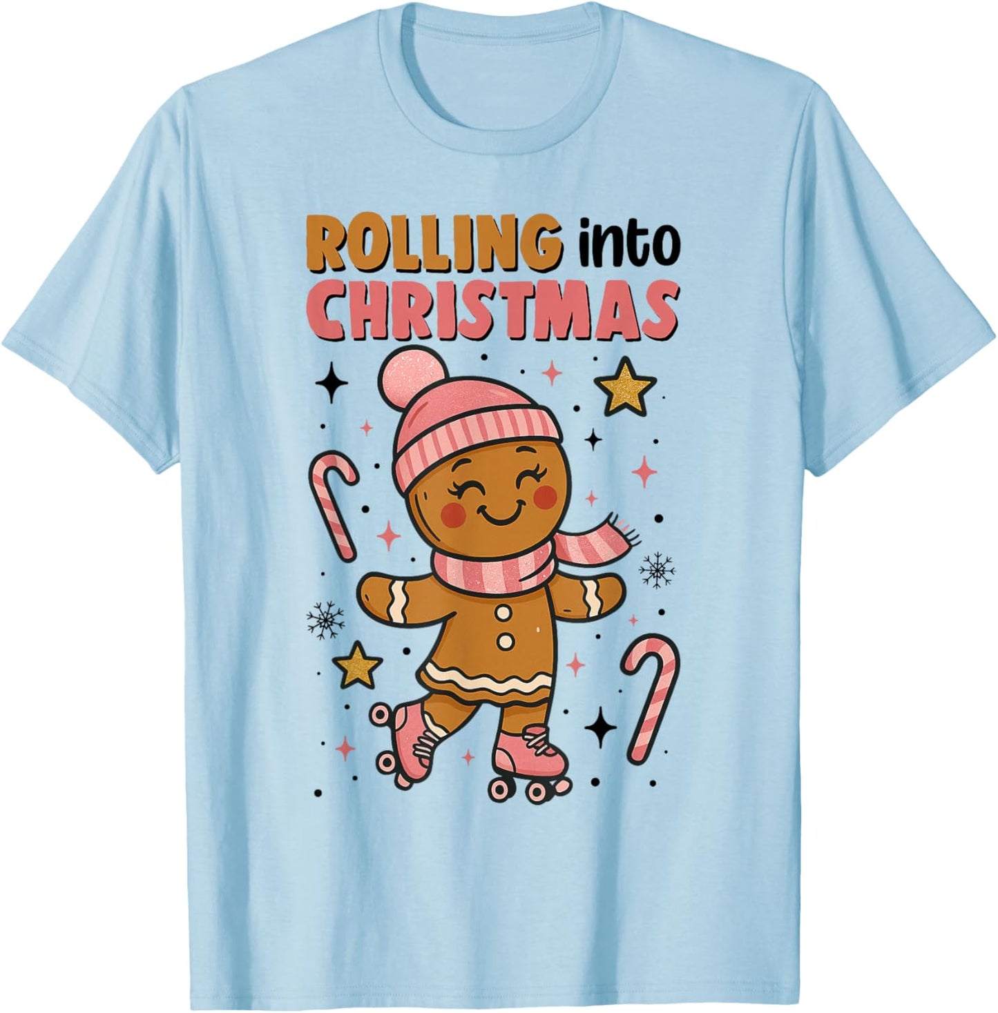 Rolling Into Christmas Gingerbread Skateboard Roller Skate T-Shirt - T-Shirt | Light Blue