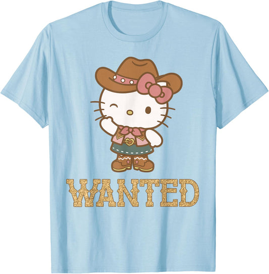Hello Kitty Wanted Western Cute Coquette & Cowgirl Outfit T-Shirt - T-Shirt | Light Blue