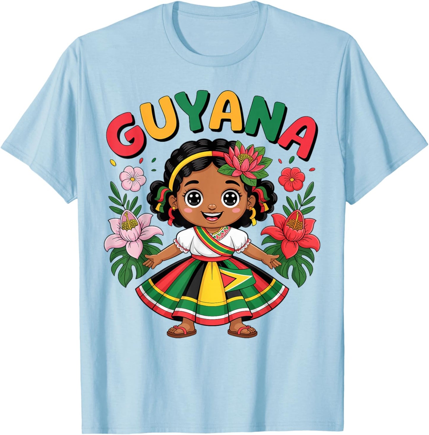 Guyanese Girl in Traditional Dress with Tropical Flowers T-Shirt - T-Shirt | Light Blue