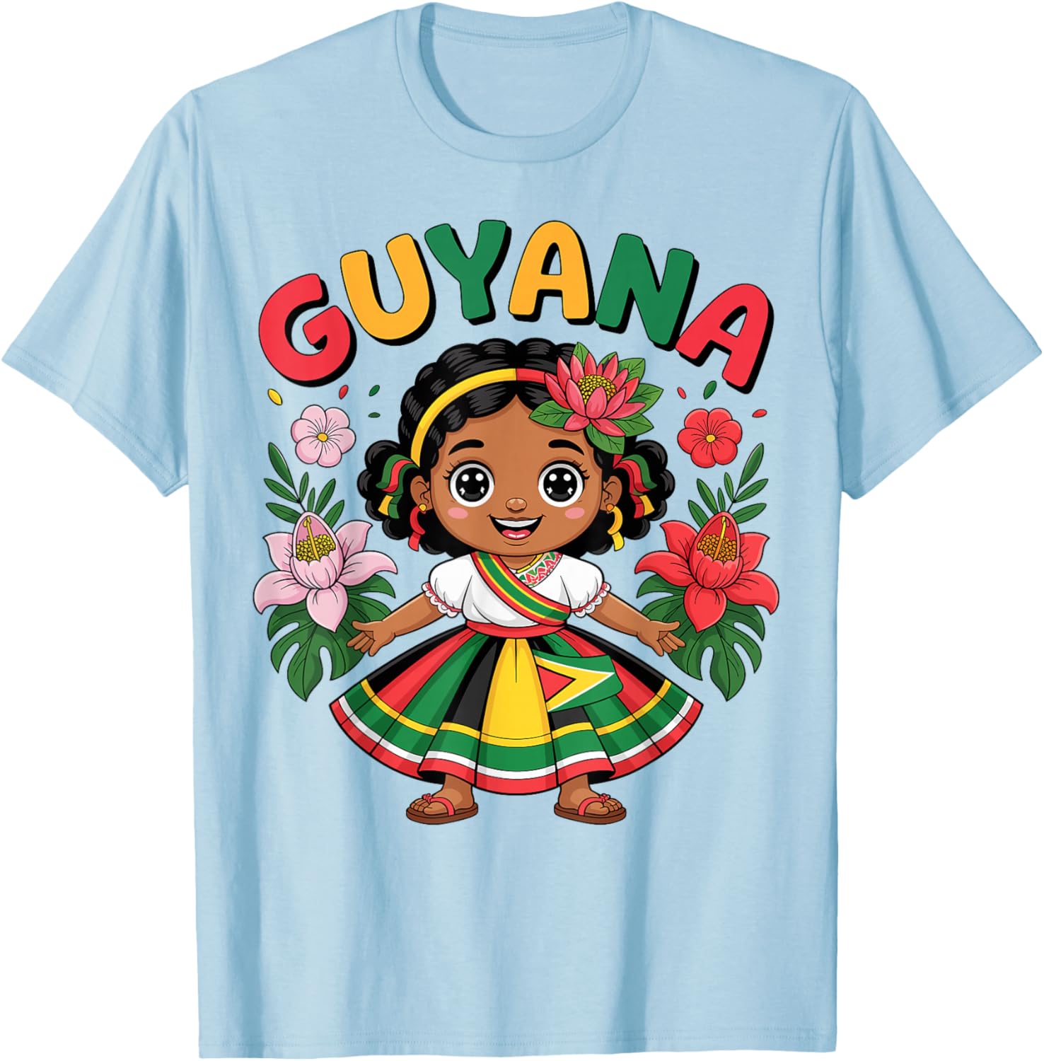 Guyanese Girl in Traditional Dress with Tropical Flowers T-Shirt - T-Shirt | Light Blue