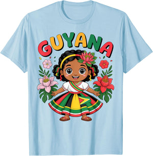 Guyanese Girl in Traditional Dress with Tropical Flowers T-Shirt - T-Shirt | Light Blue