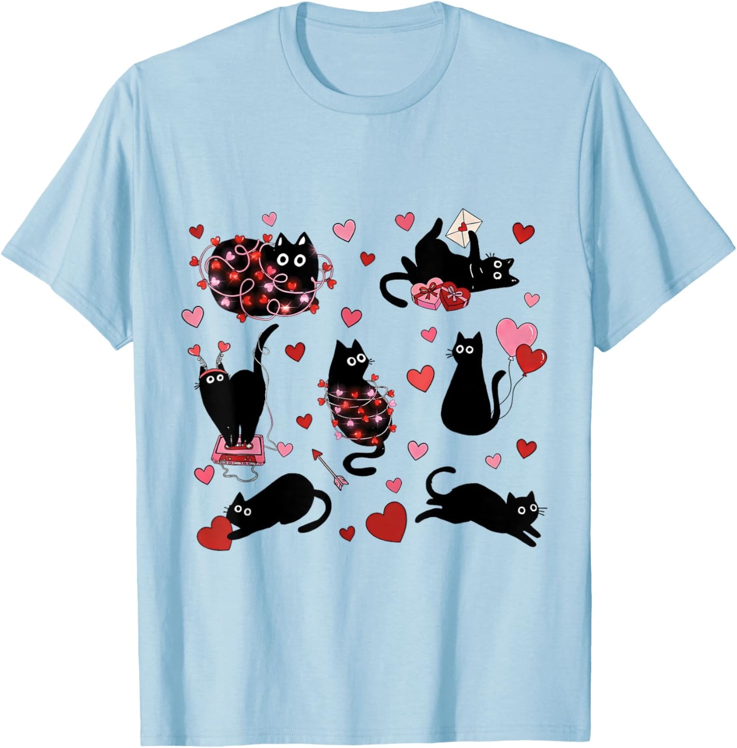 Funny Black Cat Valentine Heart Cat Lovers Animal Kitty Love T-Shirt - T-Shirt | Light Blue