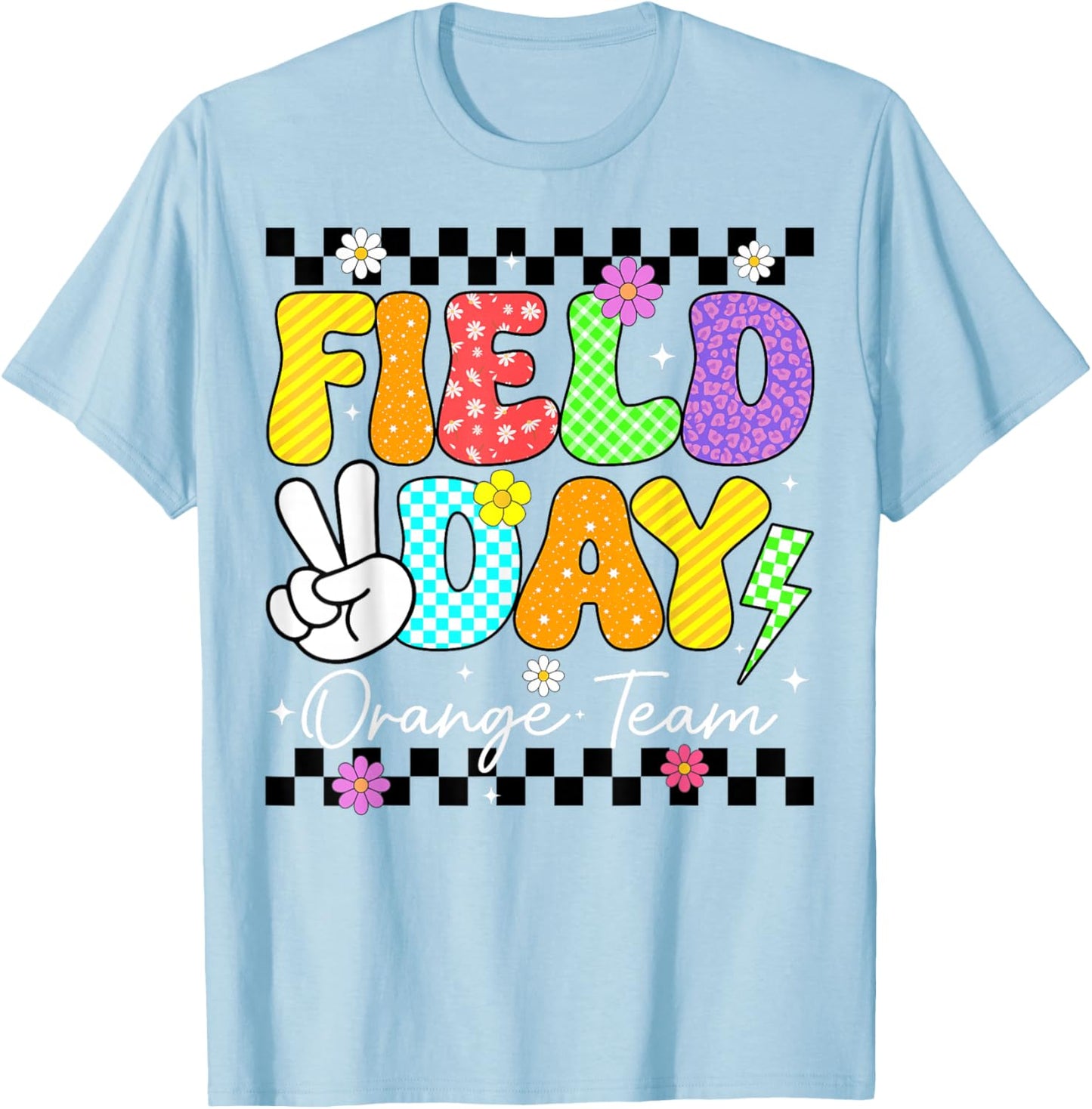Groovy Field Day Orange Team Peace Lightning Teacher Kid T-Shirt - T-Shirt | Light Blue