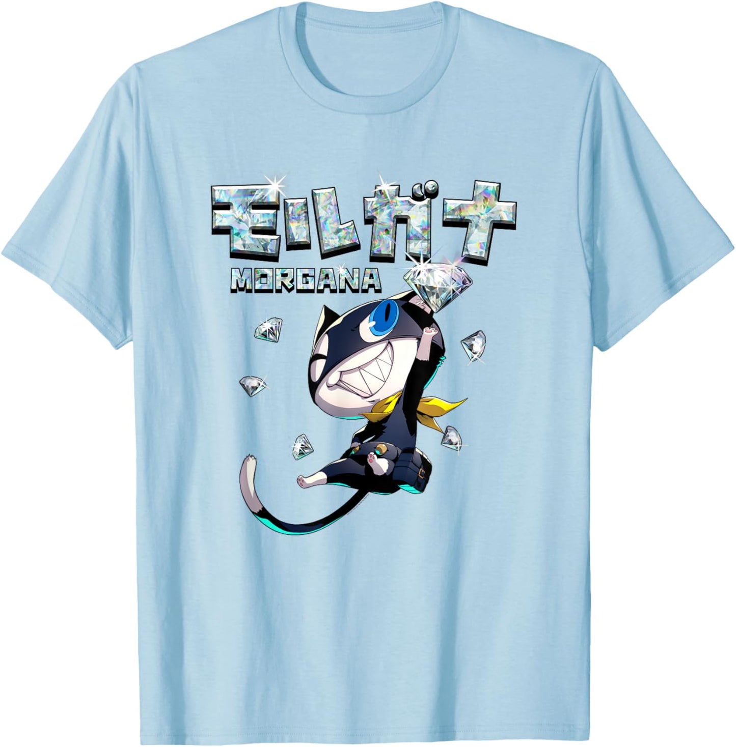 Persona 5 Morgana with Kanji and Diamonds RPG Video Game T-Shirt - T-Shirt | Light Blue