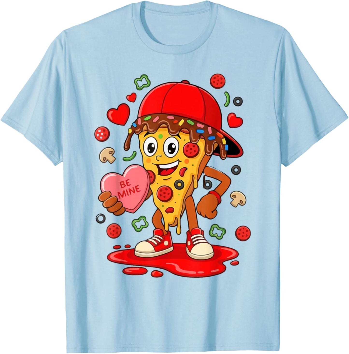 Funny Pizza Cartoon Slice Love Heart Valentine Art T-Shirt - T-Shirt | Light Blue