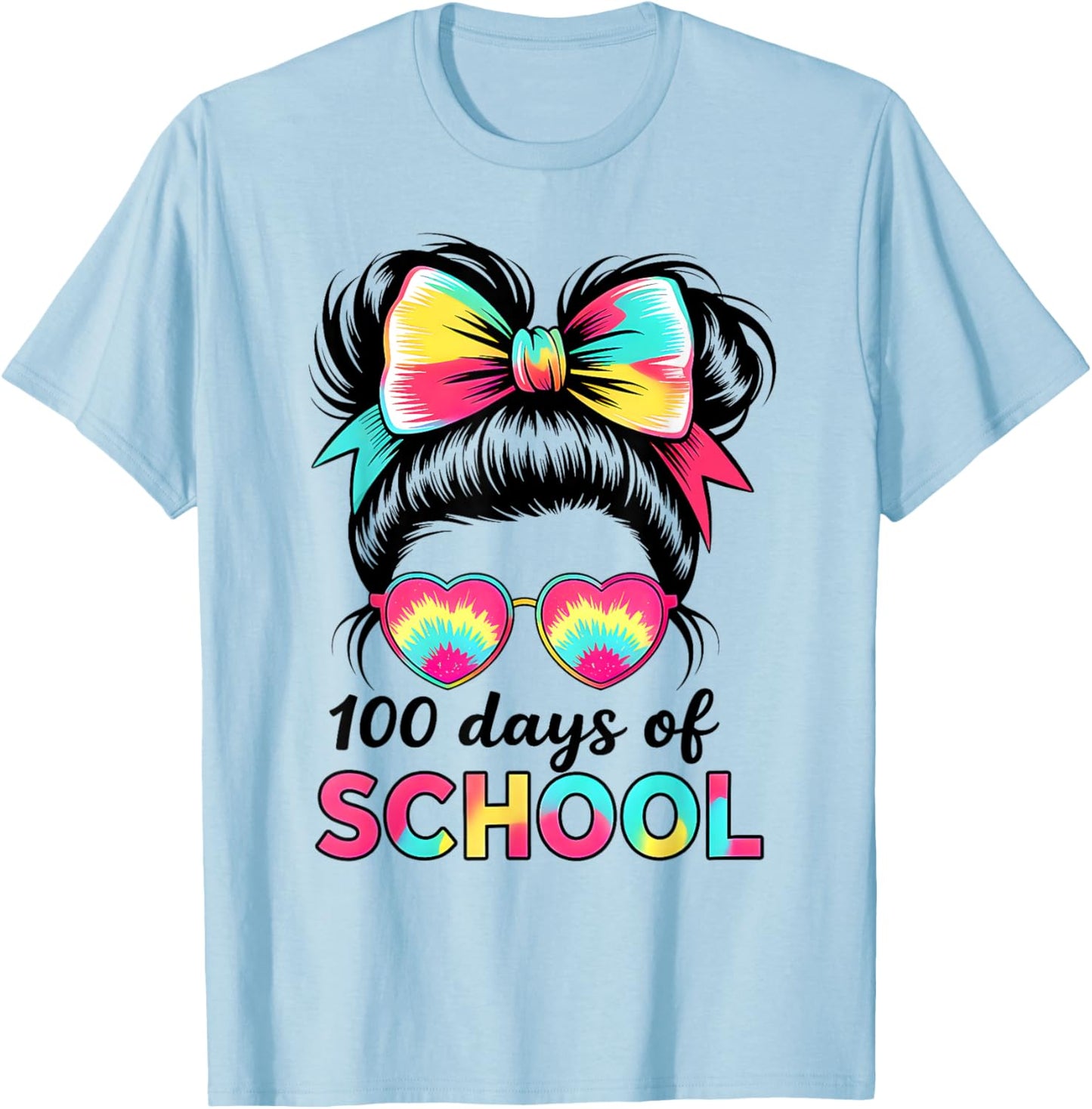 100 Days of School Girls Kids Messy Bun 100th Day of School T-Shirt - T-Shirt | Light Blue