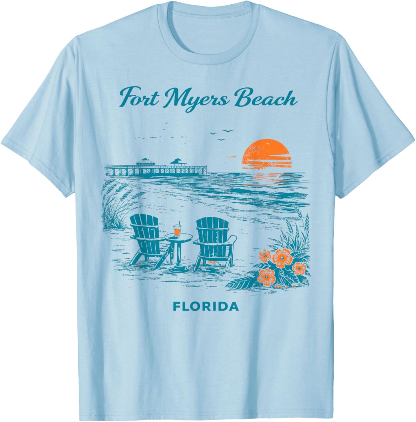 Fort Myers Beach Florida Vintage Travel Scenic Illustration T-Shirt - T-Shirt | Light Blue